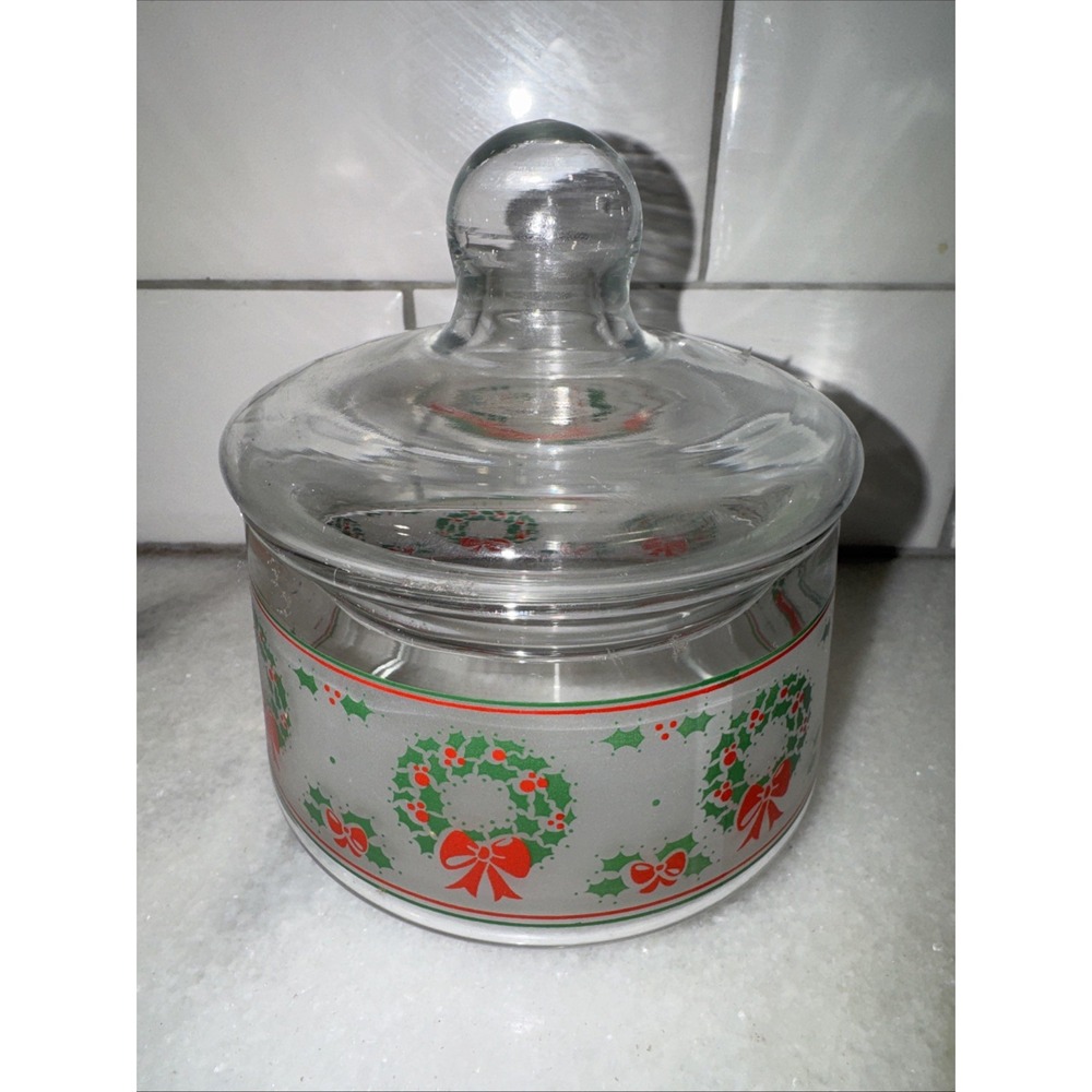 Vintage 90s Indiana Glass‎ Victorian Christmas Wreath Holly Candy Jar /Lid GW991